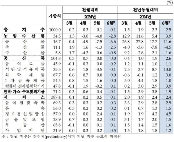 농산물값 진정 영향 6월 생산자물가 7개월만에 하락 반전