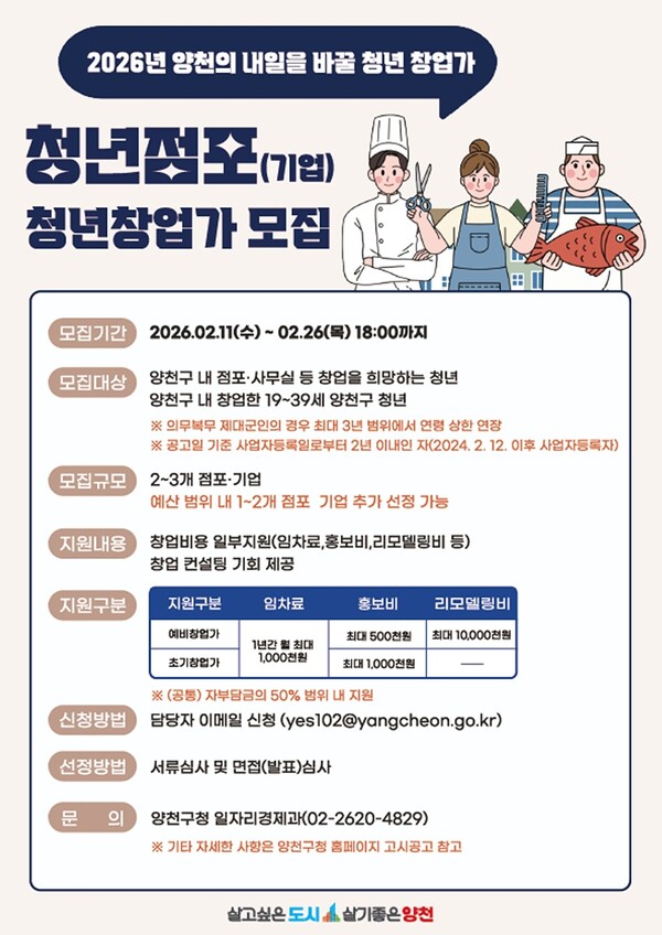 양천구, 청년 창업가에 최대 2,250만 원 통 큰 지원… '2026 청년점포 육성사업' 모집