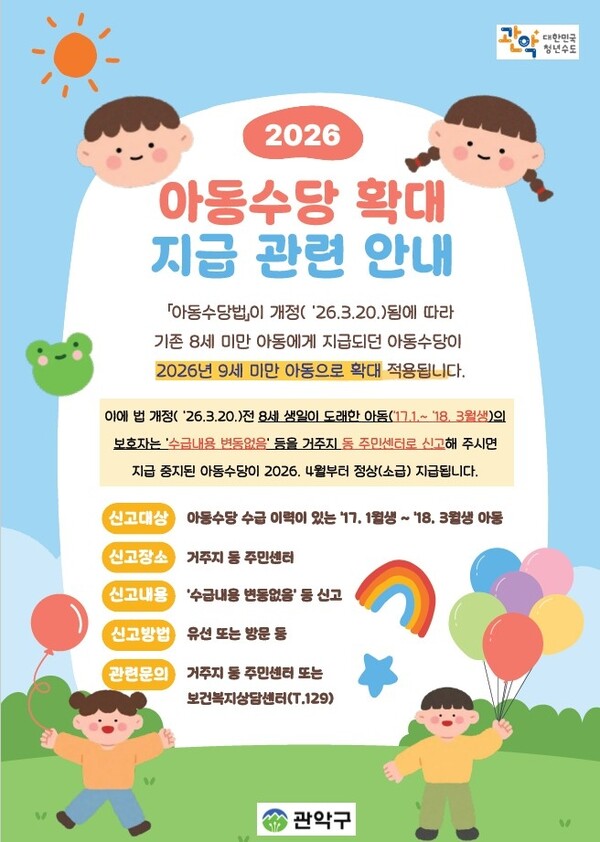 관악구, '만 9세 미만' 아동수당 확대 지급…양육비 부담 줄인다