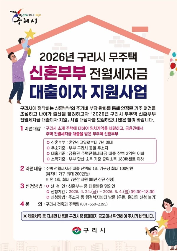 구리시, 신혼부부 전월세 대출이자 지원… 자녀 있으면 최대 200만 원