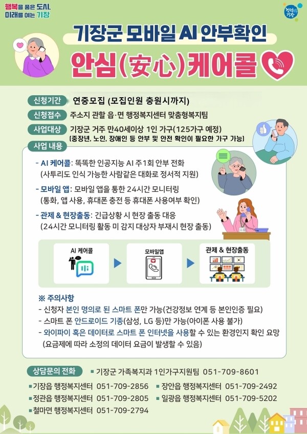 기장군, AI 안부확인 '안심 케어콜' 도입… 1인 가구 안전망 촘촘해진다