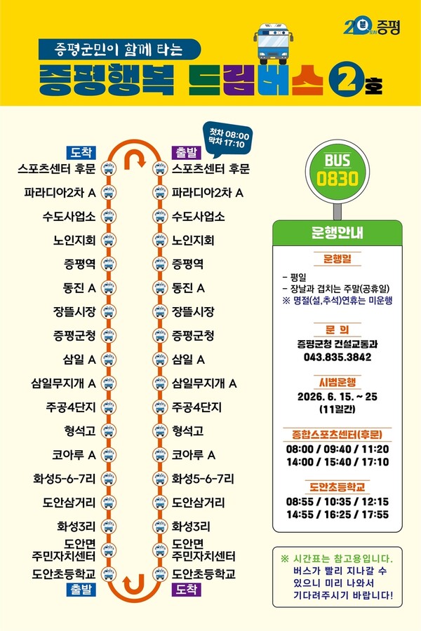 증평군, 행복드림버스 신규 순환노선 신설…교통취약지역 이동권 강화