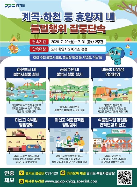 경기도, 여름철 계곡·하천 불법행위 특별단속…7월 말까지 현장 점검