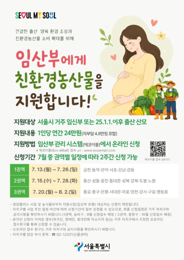 서울시, 임산부 친환경농산물 지원사업 접수 시작…2만9천 명에 연 24만 원 지원